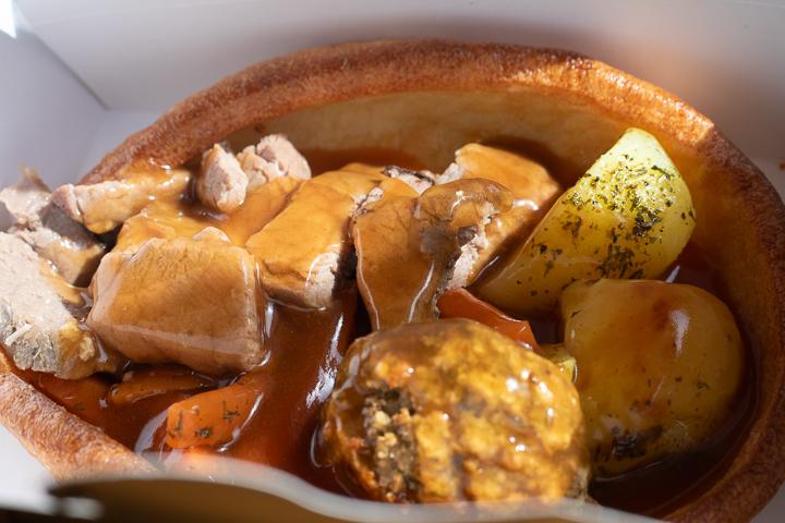 A roast dinner in a Yorkshire pudding
