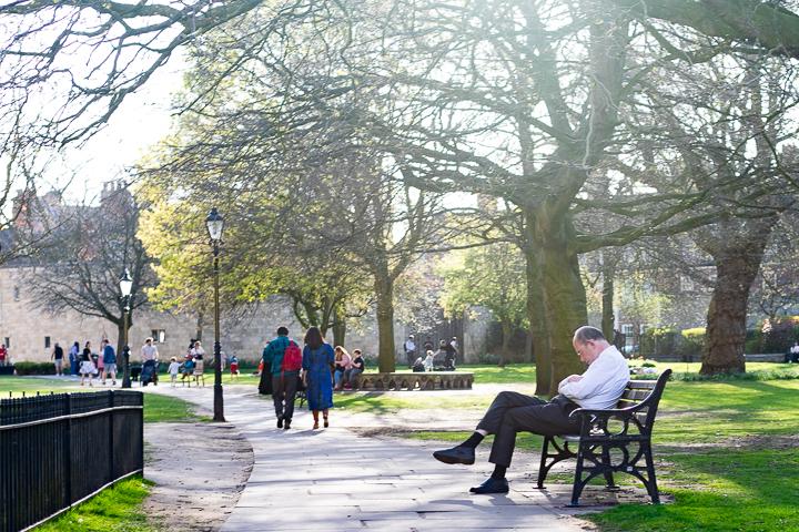 Man on a bench in a park sleeping