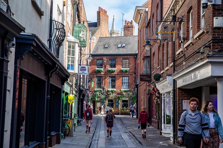 A brick building at the end of an alley way with leafy plants on the facade. Three school children are walking up the alley.
